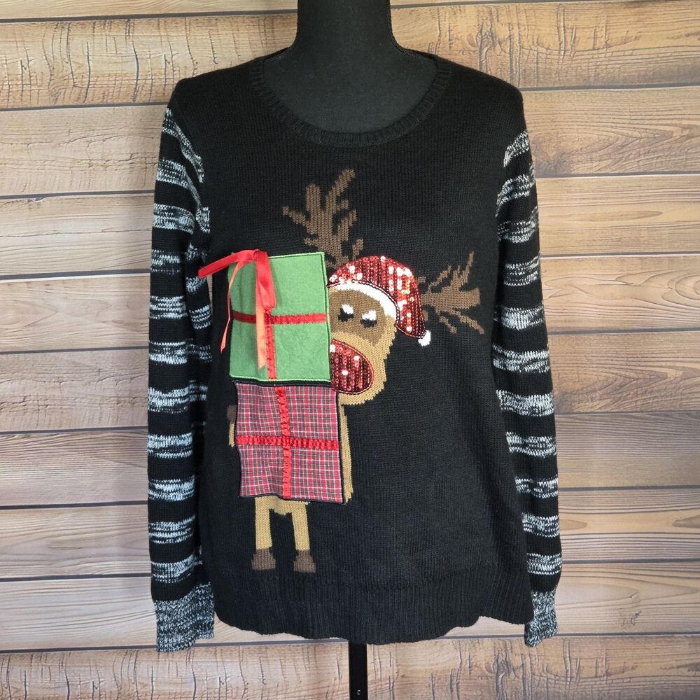 Holiday Time Sweater Sequins Reindeer presents Size juniors L Ugly Xmas